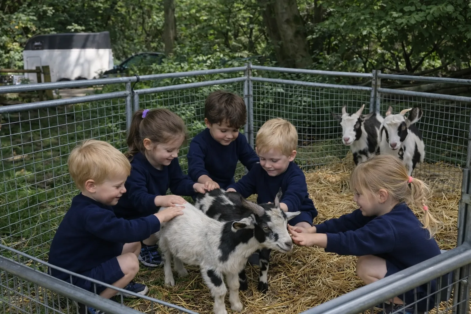 Kinderen aaien geitjes op een boerderij