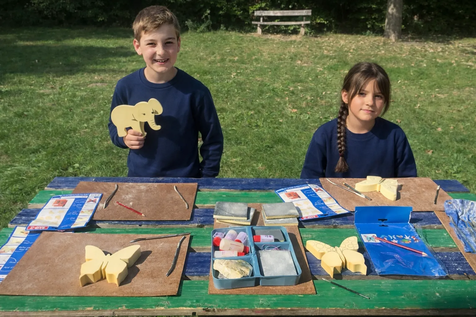 Twee kinderen doen knutselactiviteiten aan een tafel in het park