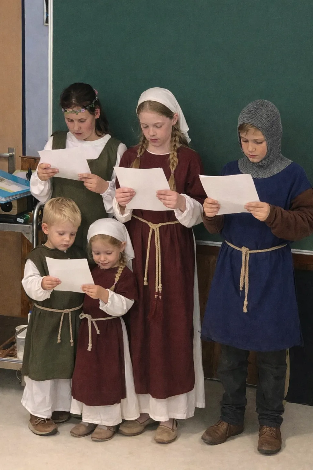 Kinderen in middeleeuwse kostuums dragen teksten voor