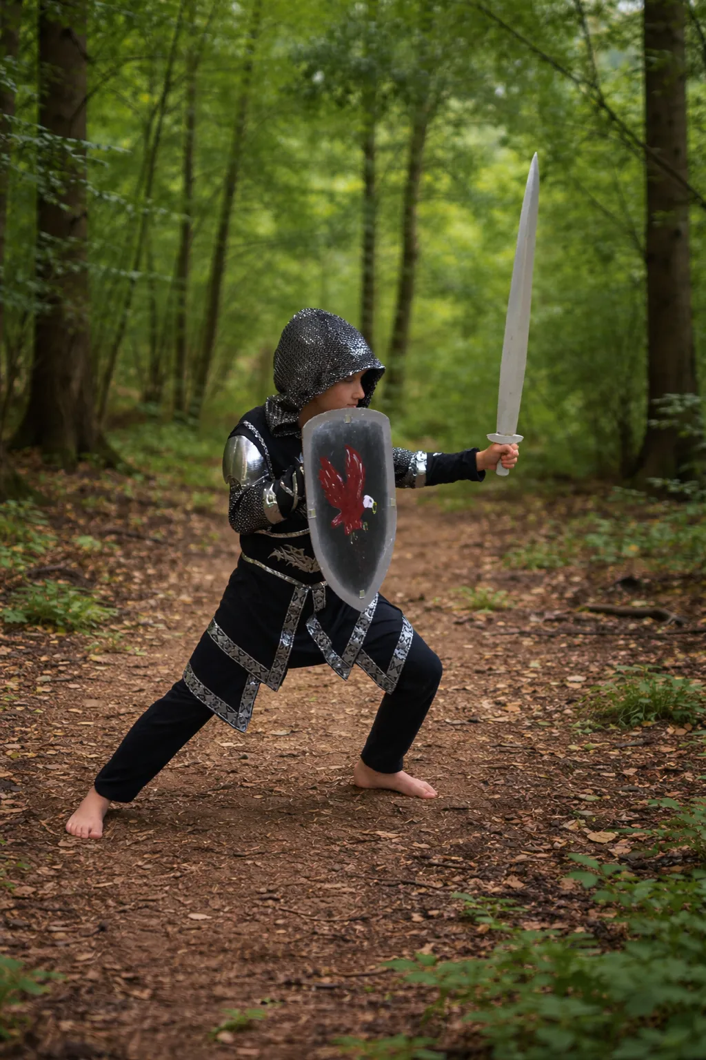 Kind verkleed als ridder met zwaard en schild in het bos